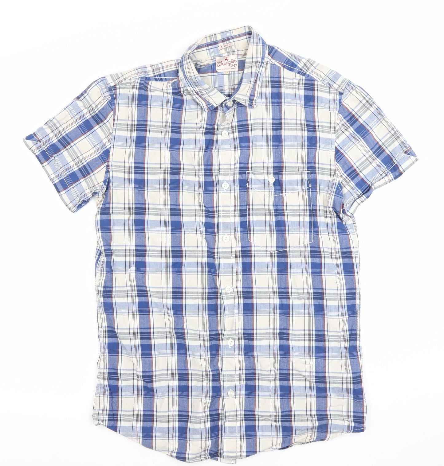 Wrangler Mens Blue Check Slim Fit Short Sleeve Cotton Shirt M