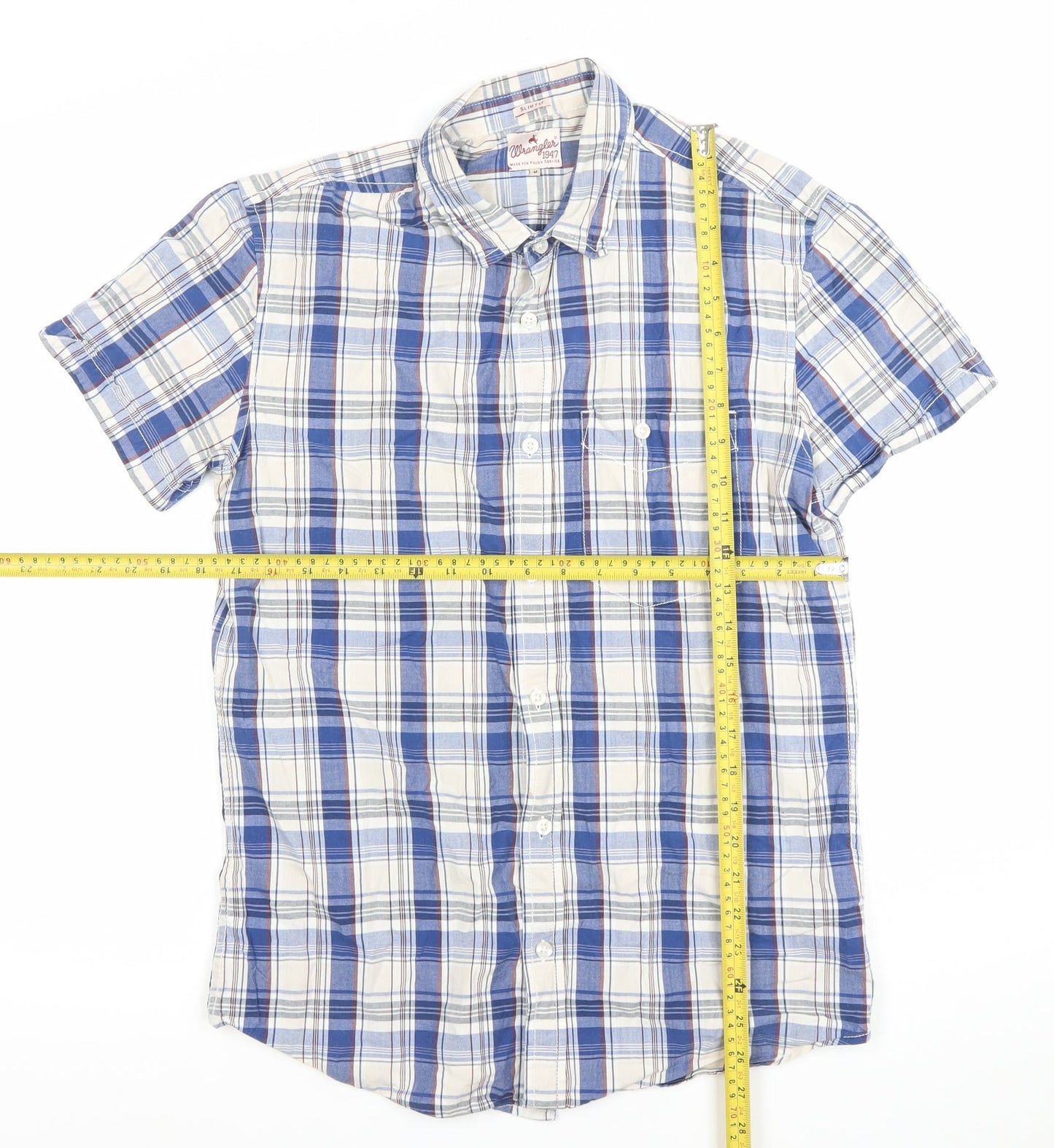 Wrangler Mens Blue Check Slim Fit Short Sleeve Cotton Shirt M