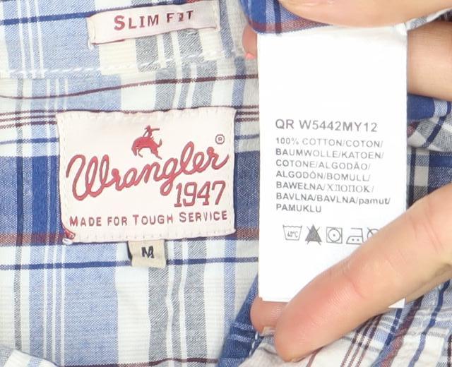 Wrangler Mens Blue Check Slim Fit Short Sleeve Cotton Shirt M