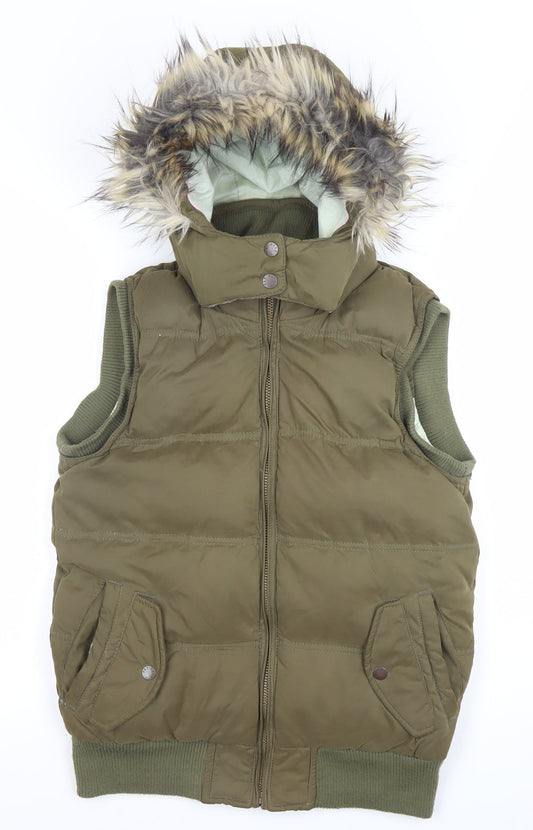 Fat Face Women's Green Faux Fur Hooded Puffer Waistcoat Size 10