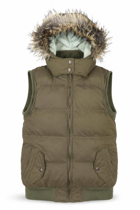 FatFace Women's Green Faux Fur Hooded Puffer Waistcoat Size 10