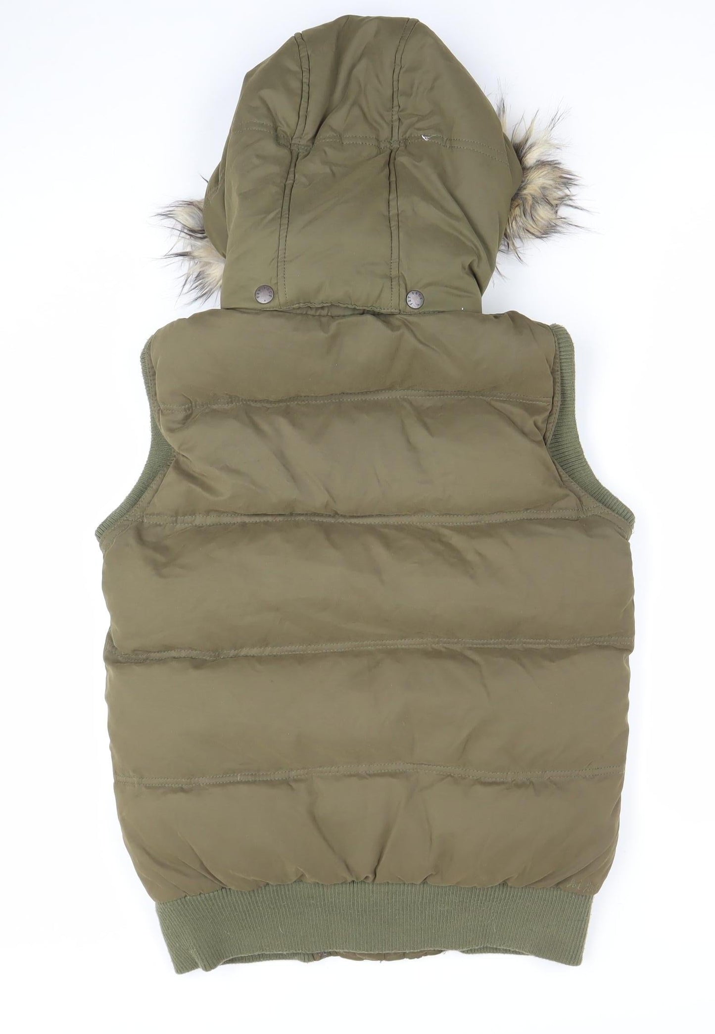 Fat Face Women's Green Faux Fur Hooded Puffer Waistcoat Size 10