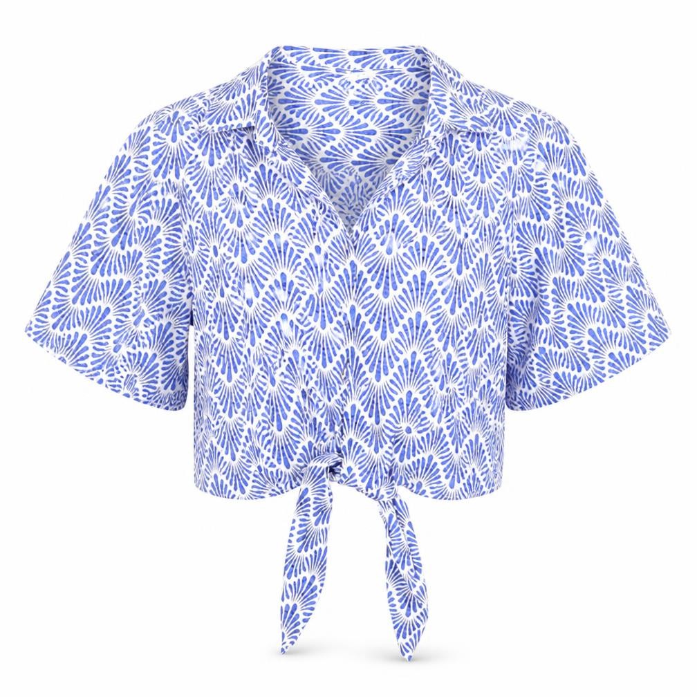 Mango Women's Blue Geometric Cropped Tie Blouse Size 10