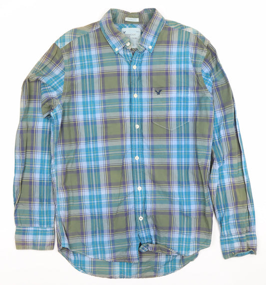 American Eagle Outfitters Men's Blue Plaid Athletic Fit Cotton Long Sleeve Button-Up Shirt M
