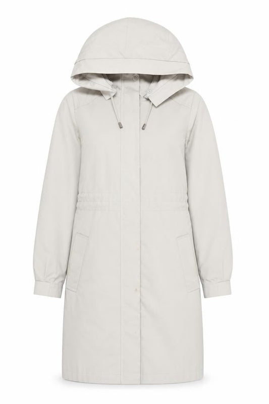 Front view of Betty Jackson Black Women's Beige Hooded Trench Coat, size 8