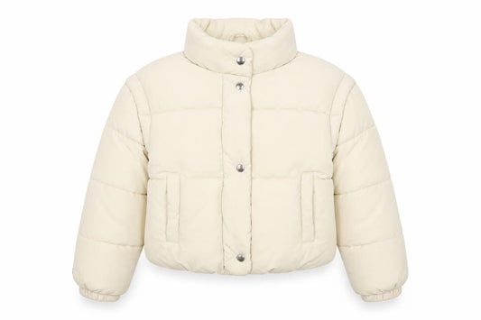Front view of Bershka girls’ beige puffer jacket 10-12 years quilted winter coat