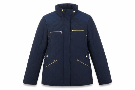 Front view of Zara girls’ blue quilted padded jacket 13-14 years mid-length zip winter coat