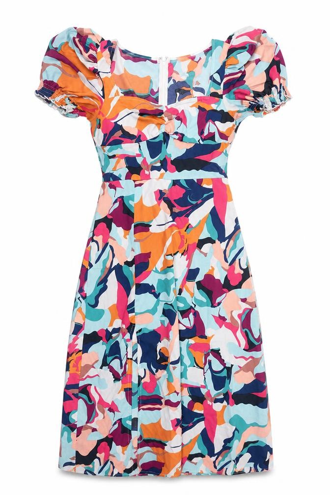Girl In Mind Women’s Multicoloured Knee Length A-Line Puff Sleeve Dress Size 10