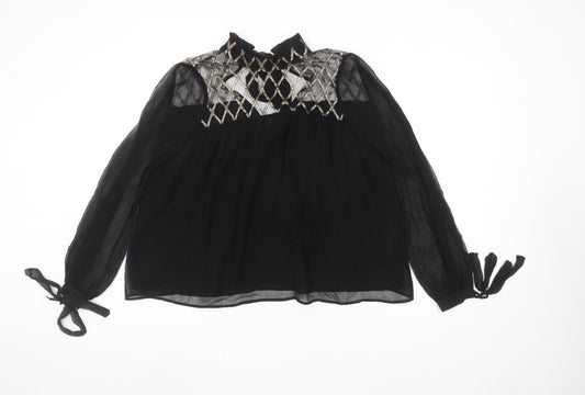 Uterqüe Women's Black Sheer Embroidered High Neck Tunic Blouse Size S