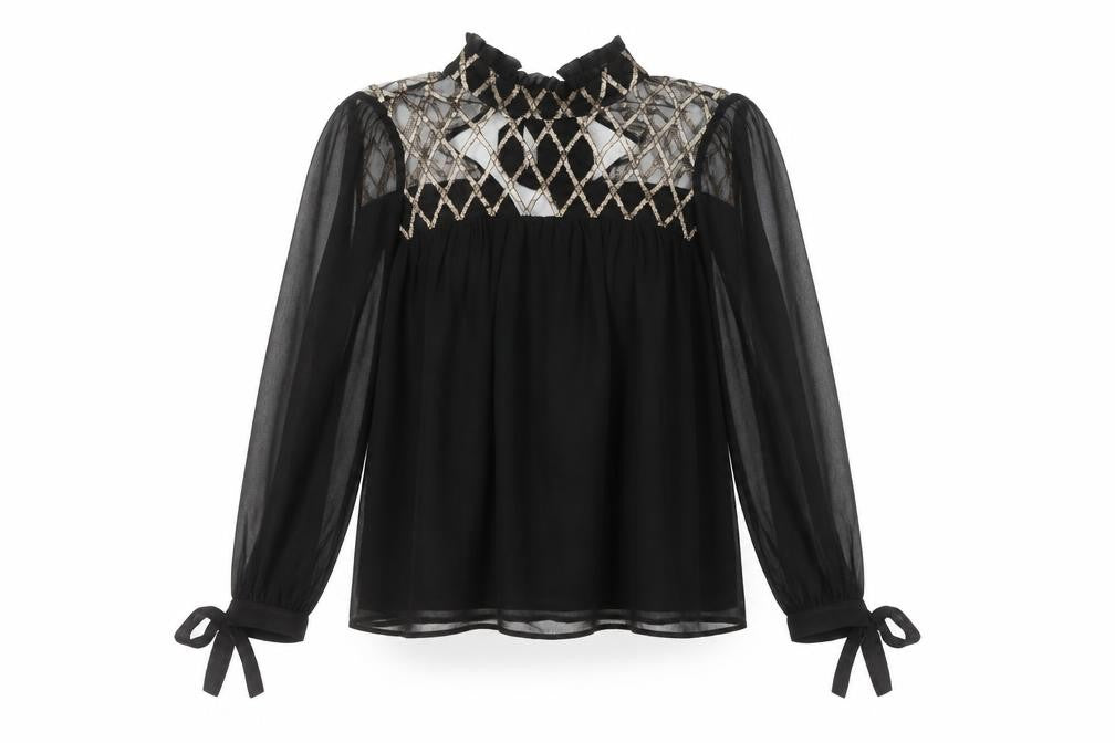 Uterqüe Women's Black Sheer Embroidered High Neck Tunic Blouse Size S