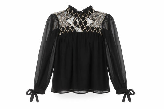 Uterqüe Women's Black Sheer Embroidered High Neck Tunic Blouse Size S