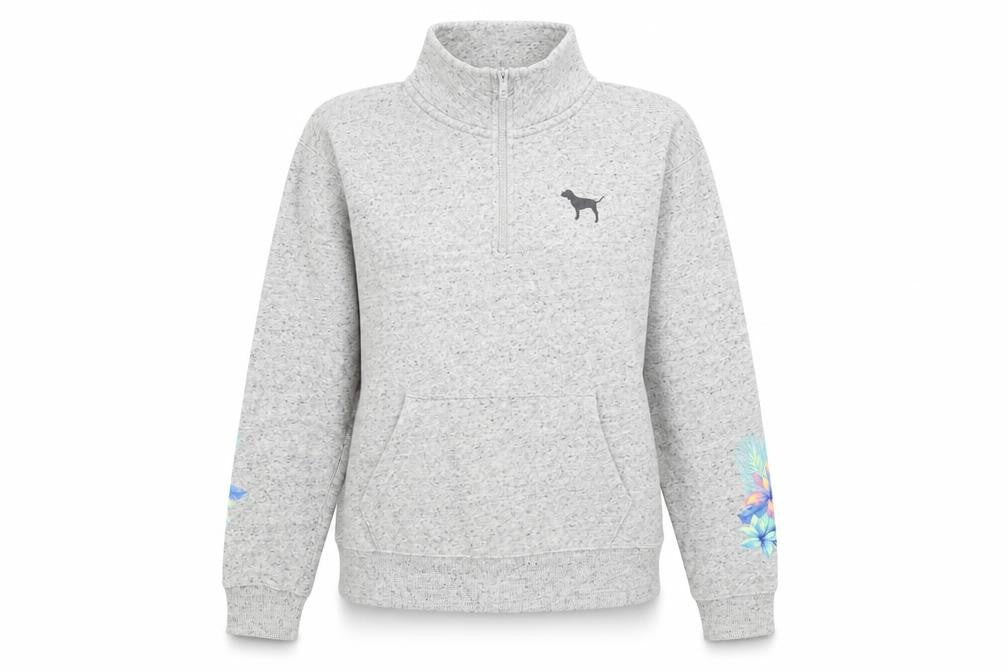 Victoria’s Secret PINK Women’s Grey 1/4 Zip Pullover Sweatshirt XS Floral Sleeve