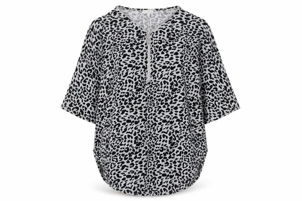 Blue Vanilla Womens Grey Leopard Print V-Neck Tunic Top L