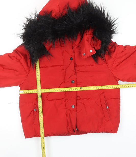 New Look Girls Red Hooded Puffer Jacket 12-13 Years Faux Fur Trim Winter Coat