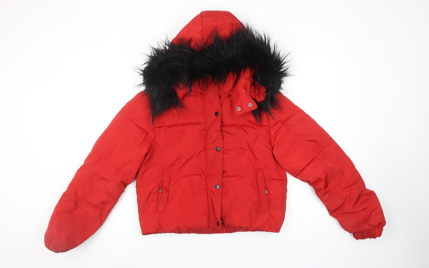 New Look Girls Red Hooded Puffer Jacket 12-13 Years Faux Fur Trim Winter Coat
