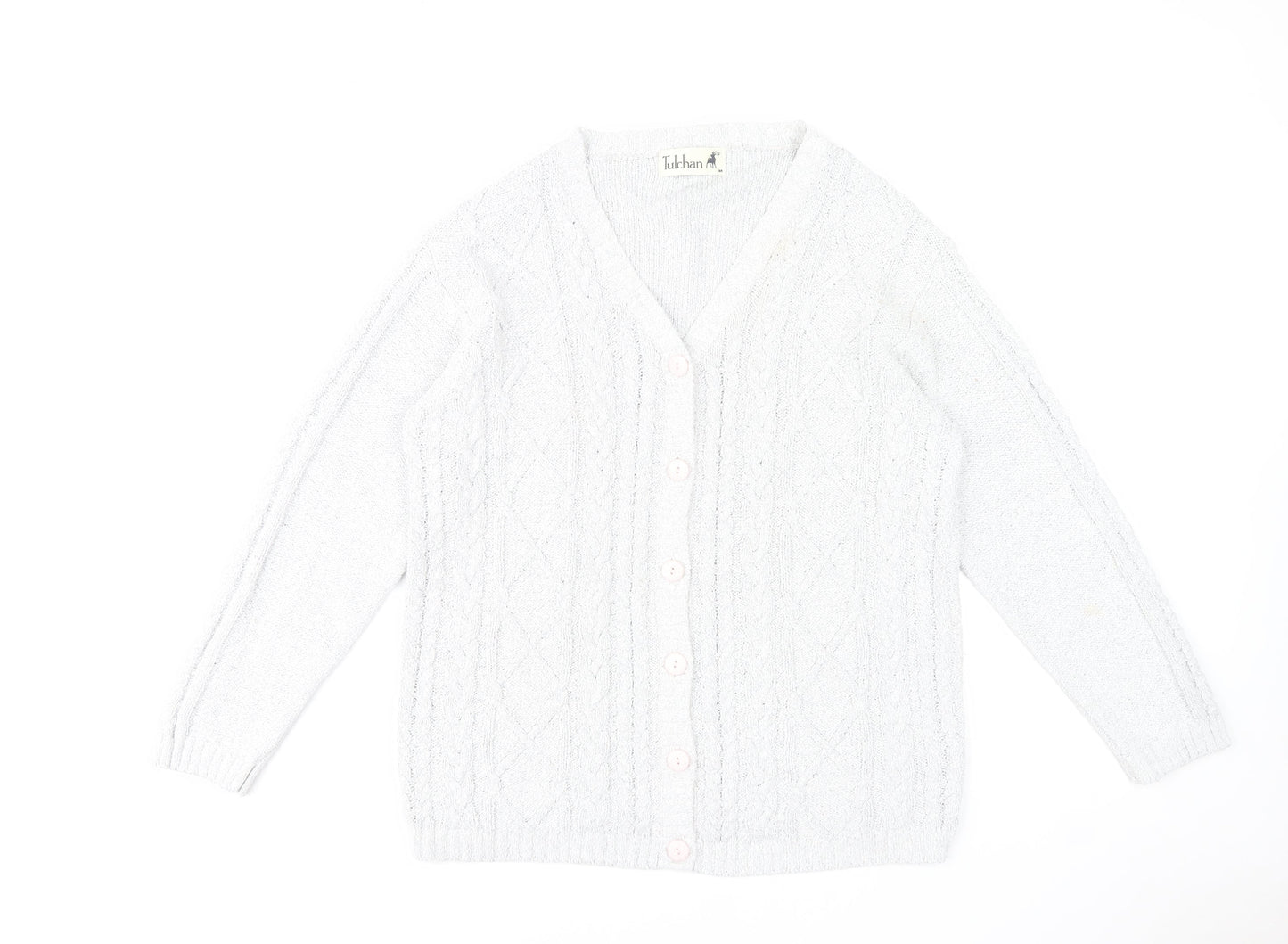 Tulchan Women's White Cable-Knit Cardigan M Cotton Blend V-Neck