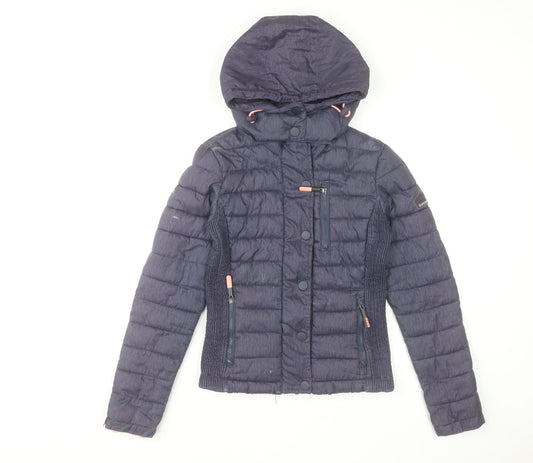 Superdry Womens Blue Puffer Jacket Size 6 Hooded Lightweight Casual