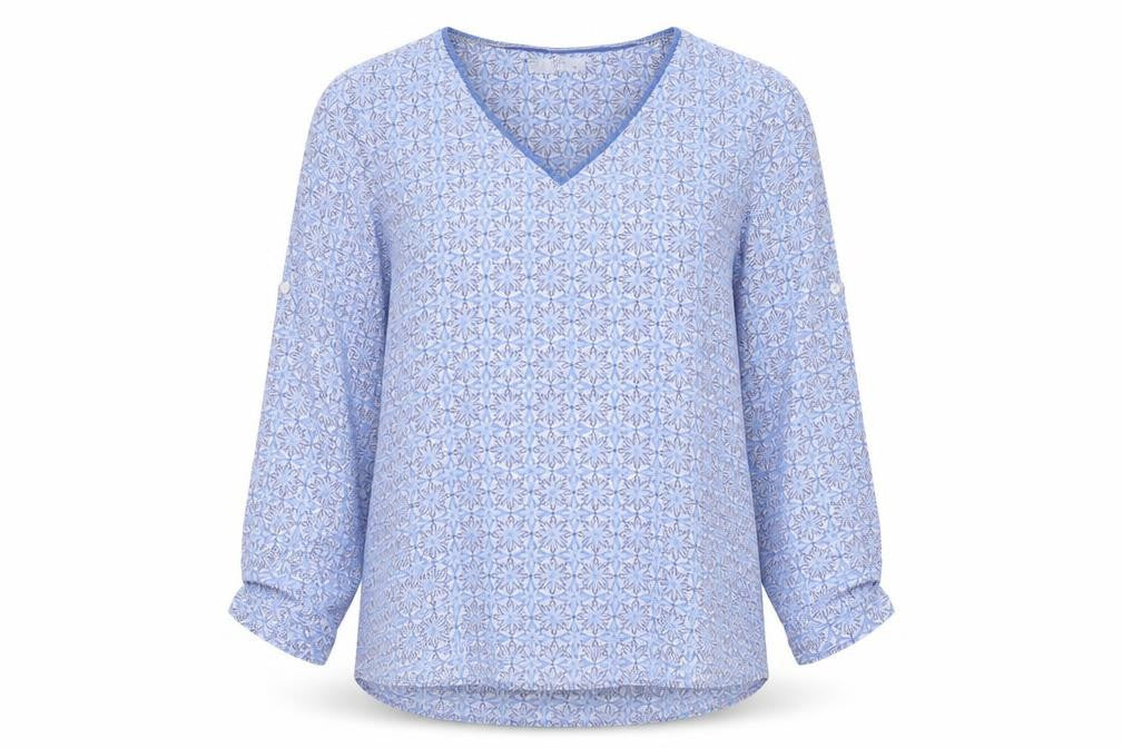 Sarah John Women's Blue Geometric Long Sleeve Viscose Blouse Size M