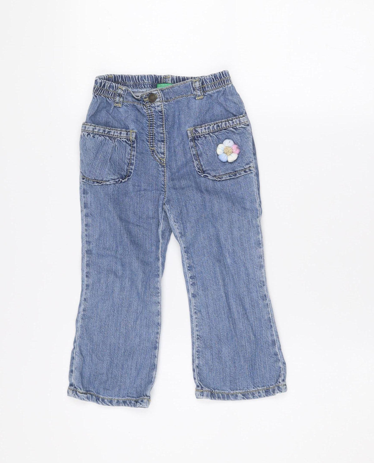 United Colors of Benetton Girls Blue Denim Jeans 24 Months Straight Leg Embroidered Flower