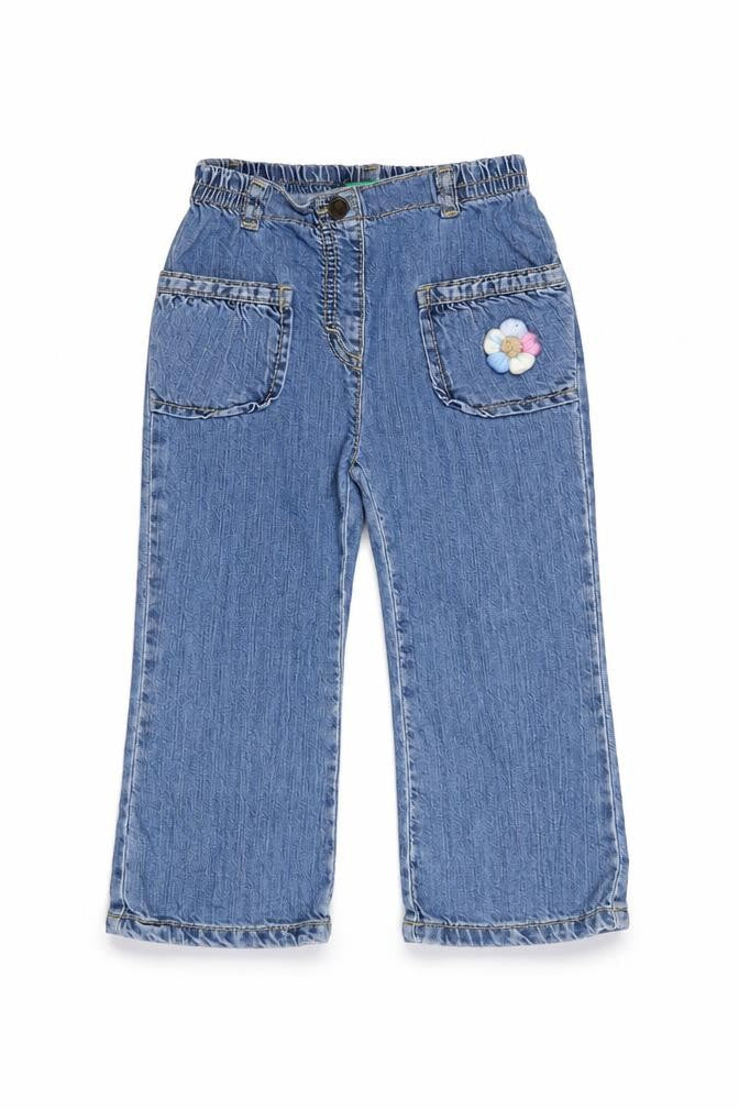 United Colors of Benetton Girls Blue Denim Jeans 24 Months Straight Leg Embroidered Flower
