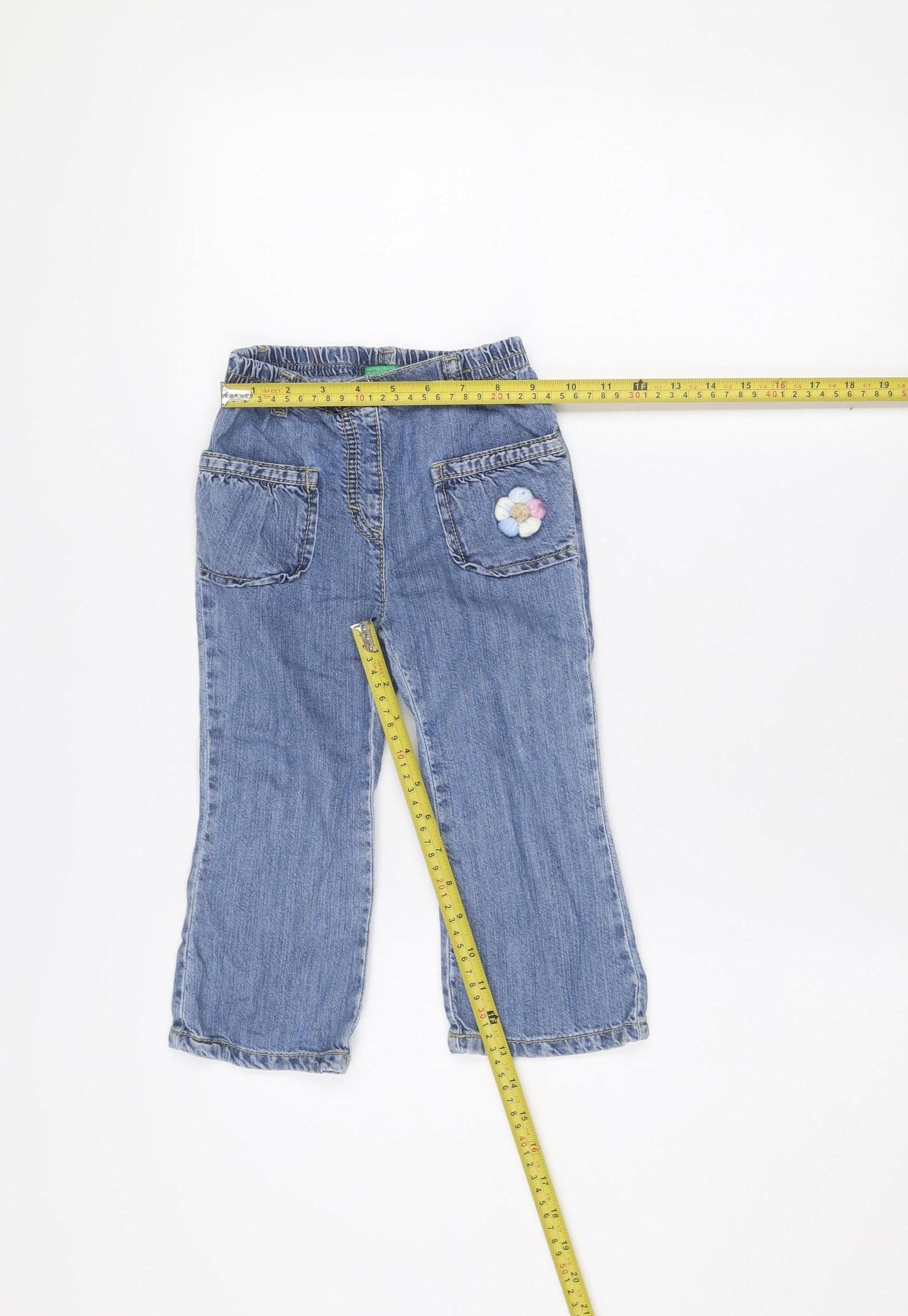 United Colors of Benetton Girls Blue Denim Jeans 24 Months Straight Leg Embroidered Flower