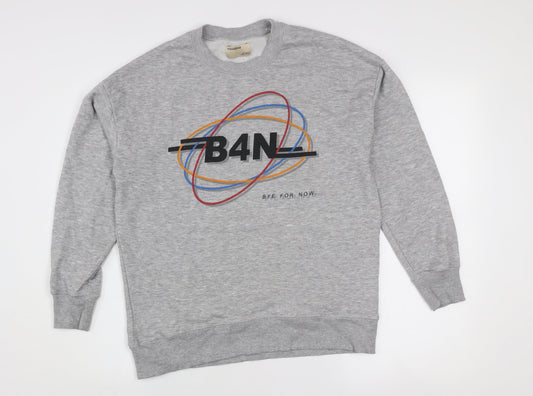 Pull & Bear Women's Grey Graphic B4N Logo Pullover Sweatshirt Size S