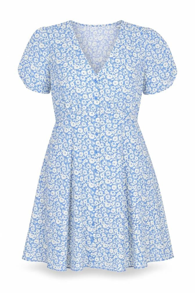 Dunnes Women’s Blue Floral Wrap Dress Size 10 Short Puff Sleeve
