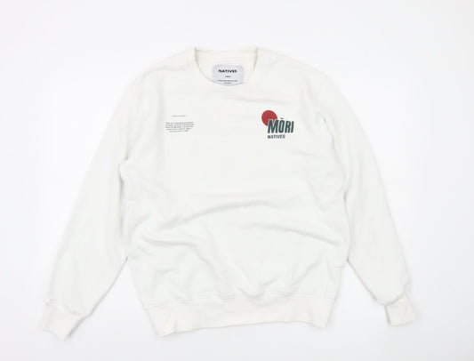 Natives Men White Graphic Logo Crew Neck Sweatshirt Size L
