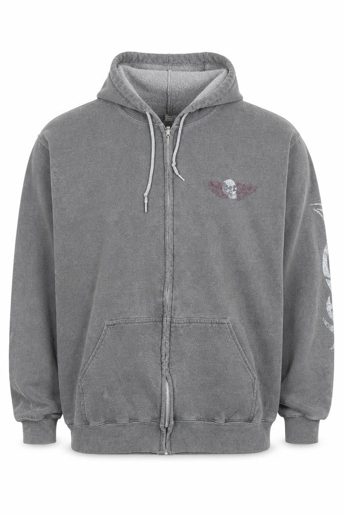 Mega Outfitters Men's Grey Full Zip Skull Graphic Hoodie Size M