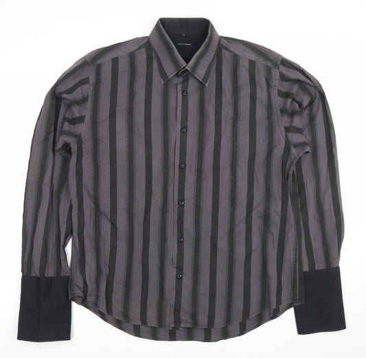 Mitu Uomo Men's Grey Striped Cotton Long Sleeve Formal Dress Shirt L