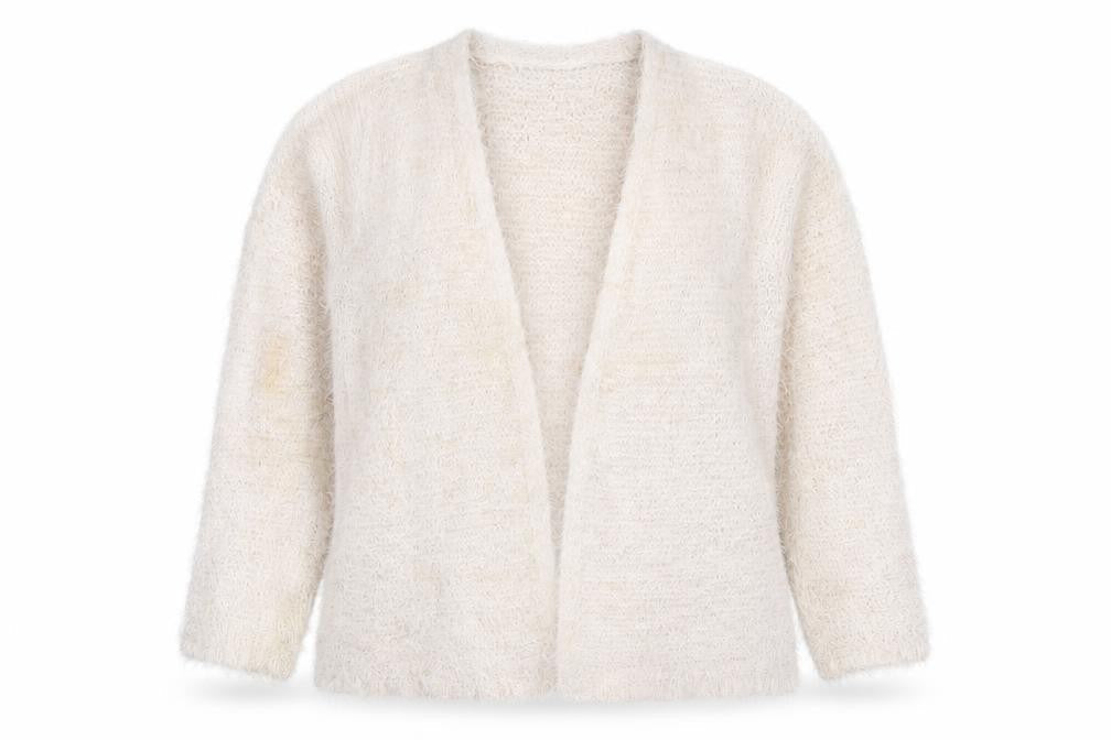 Monk & Co Women Ivory Fluffy Knit Long Sleeve Open Cardigan Size L