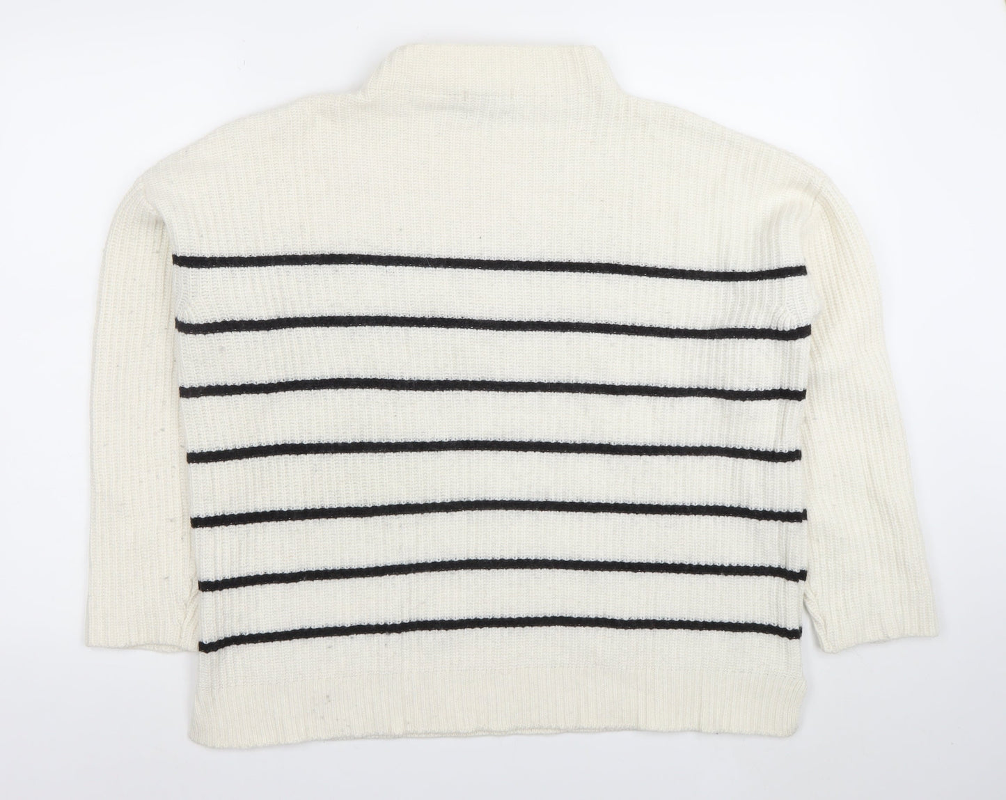 Massimo Dutti Women's White Striped Mock Neck Wool Jumper Size S