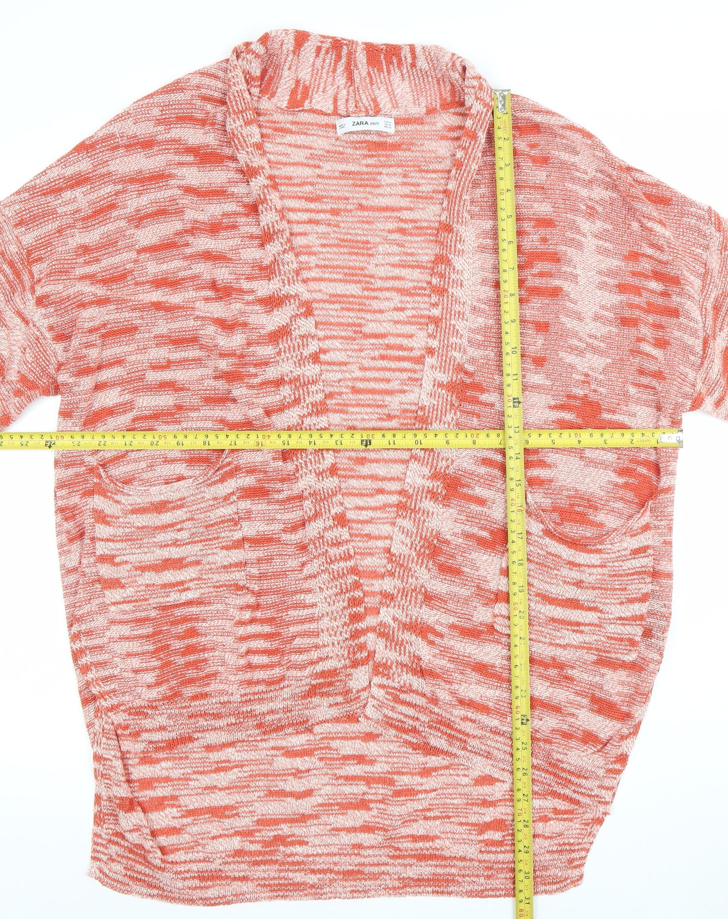 Zara Women Orange Knit Short Sleeve Open Cardigan Size 12