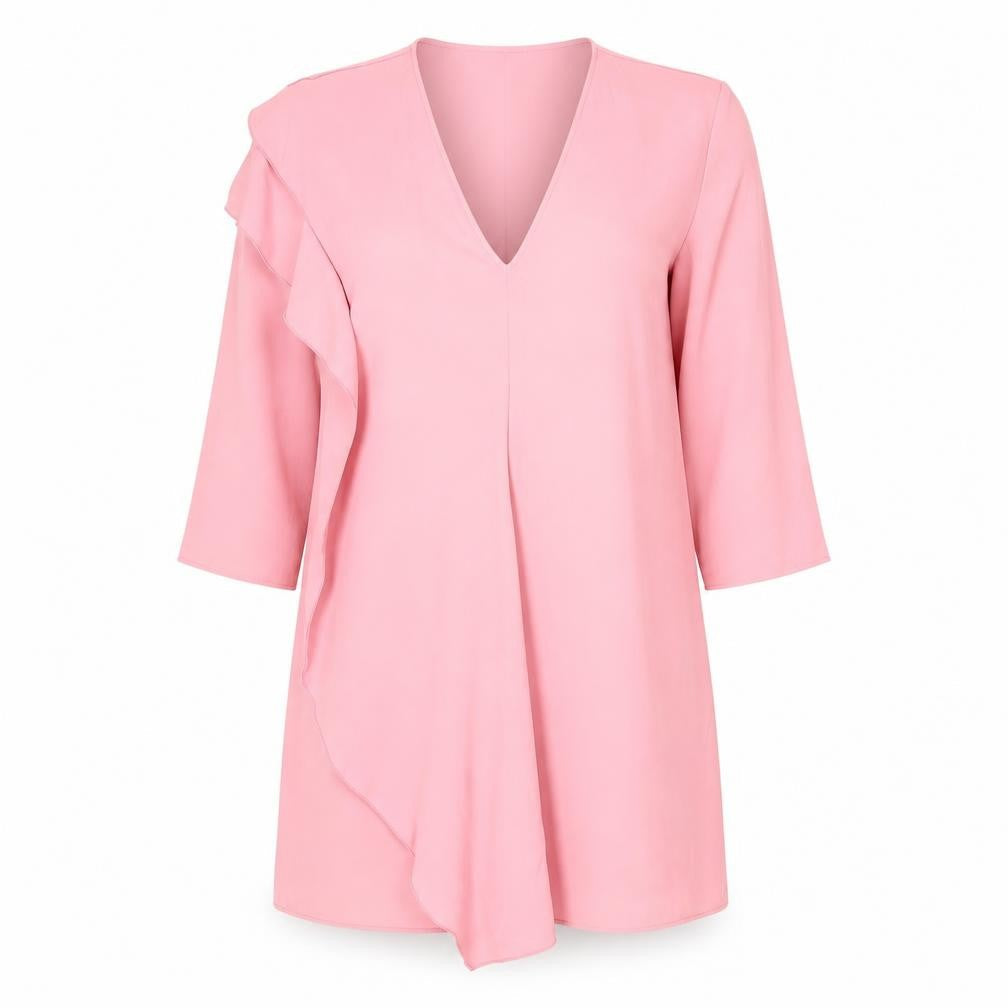 Zara Women Pink V-Neck Shift Dress Size 14 3/4 Sleeve