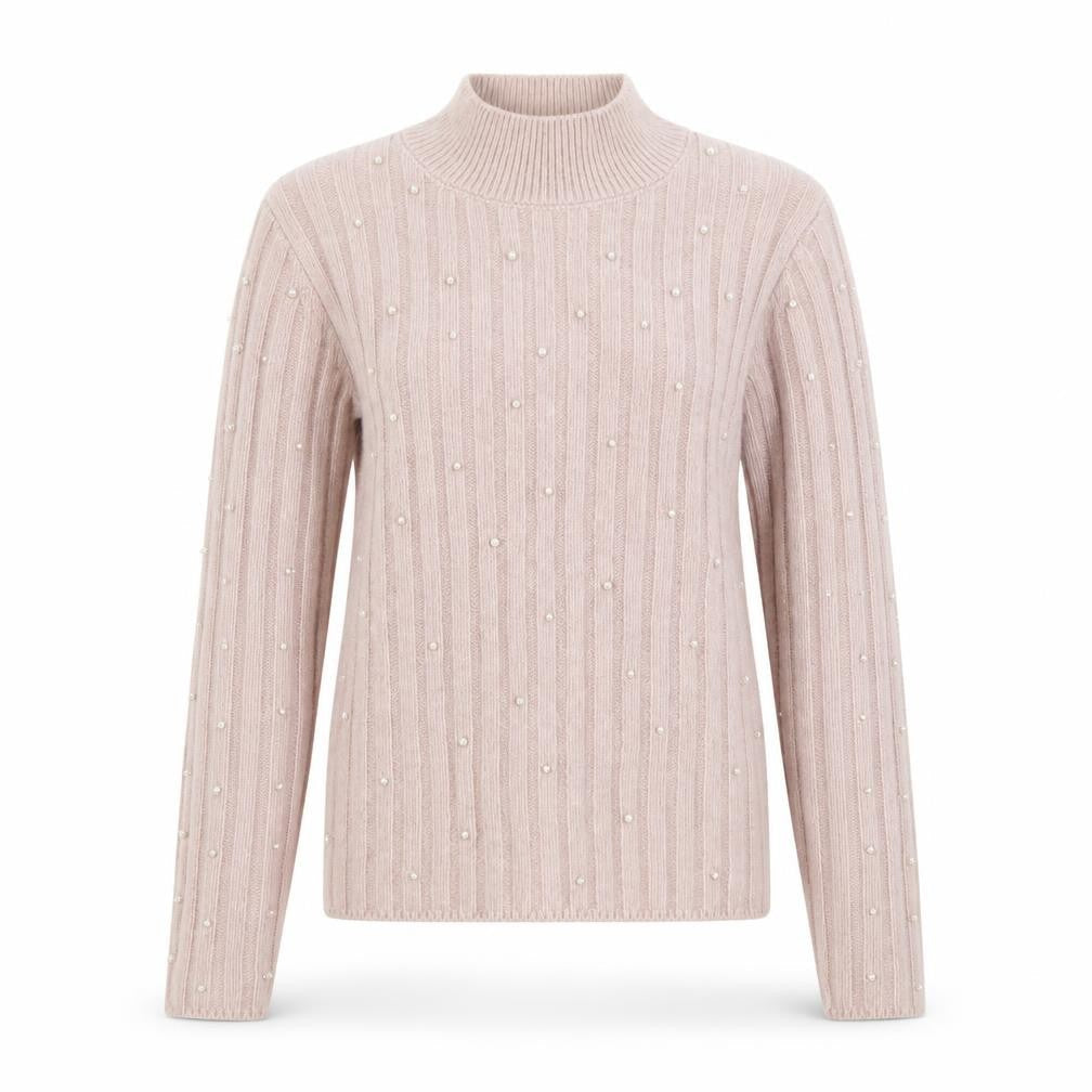 Mango Women's Pink Beaded Mock Neck Ribbed Knit Jumper Size M