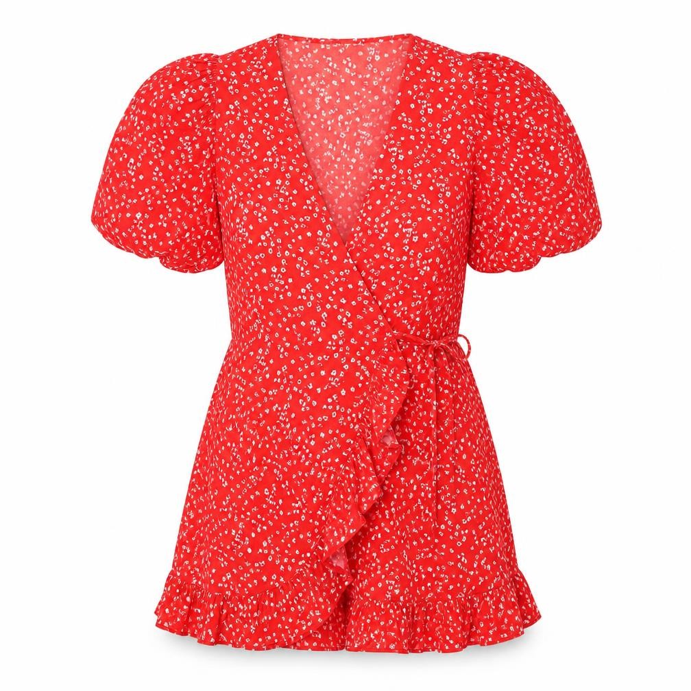 Quiz Women’s Red Floral Short Puff Sleeve Wrap Dress Size 12