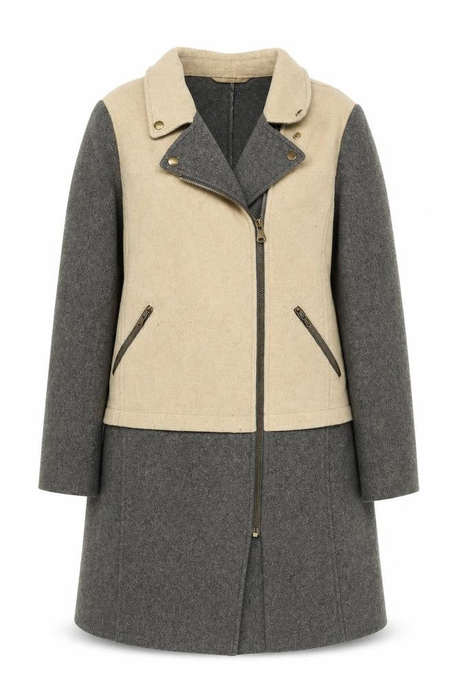 Oui Women’s Beige Grey Wool Blend Biker Coat Size 16