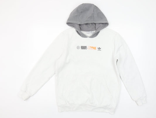 Adidas Boys White & Grey Pullover Hoodie 13-14Y Logo Print Cotton Blend