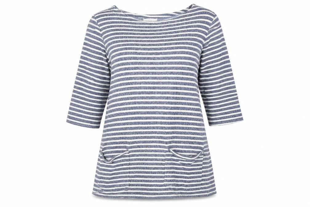 Linea Weekend Women’s Blue Striped Tunic Top M 3/4 Sleeve Boat Neck