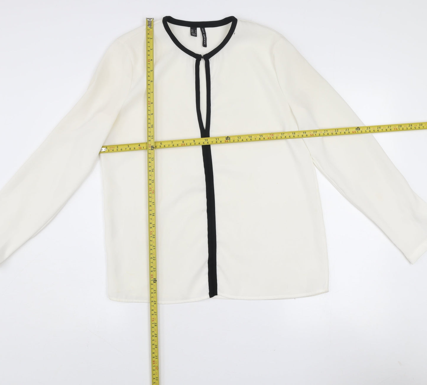 Mango Women’s White Long Sleeve Contrast Trim Blouse Size 12