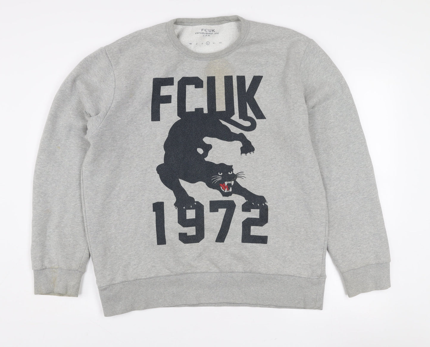 FCUK Mens Grey Graphic Panther Sweatshirt L Pullover Crew Neck