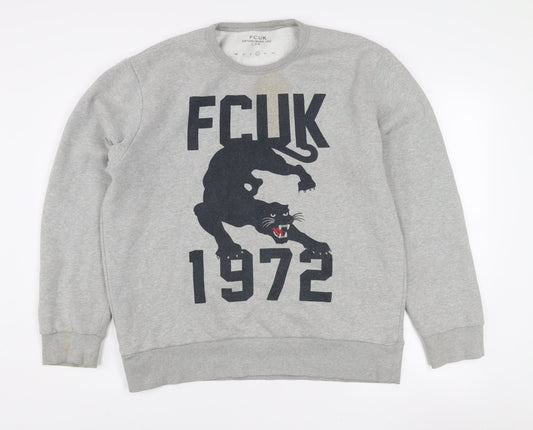 FCUK Mens Grey Graphic Panther Sweatshirt L Pullover Crew Neck