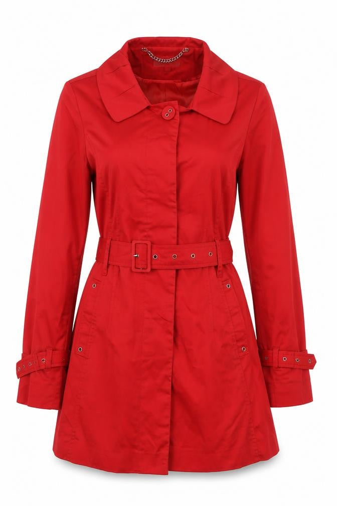 Country Casuals Women's Red Cotton Trench Coat Size 12 Belted Classic Mid-Length