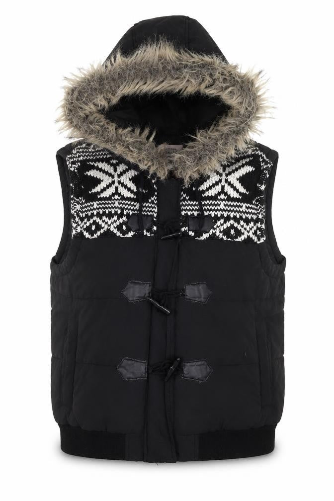 Front view of Atmosphere Women's Black Faux Fur Hooded Puffer Waistcoat, size 18