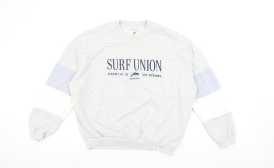 Pull & Bear Womens Grey Colourblock Surf Union Crew Neck Sweatshirt Size Small