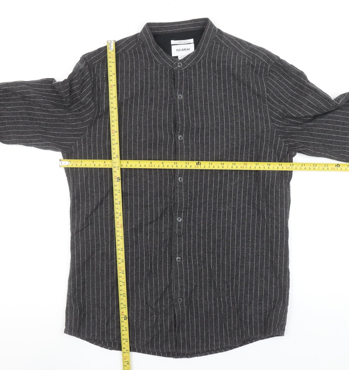 Pull&Bear Men's Grey Striped Band Collar Long Sleeve Button-Up Shirt Size M