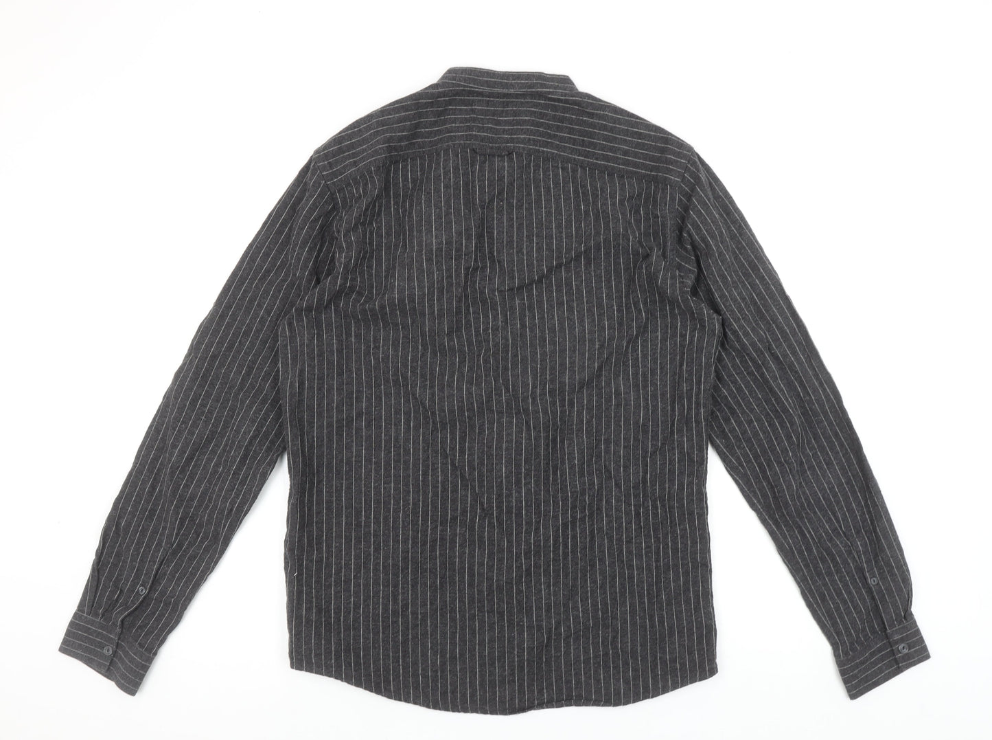 Pull&Bear Men's Grey Striped Band Collar Long Sleeve Button-Up Shirt Size M