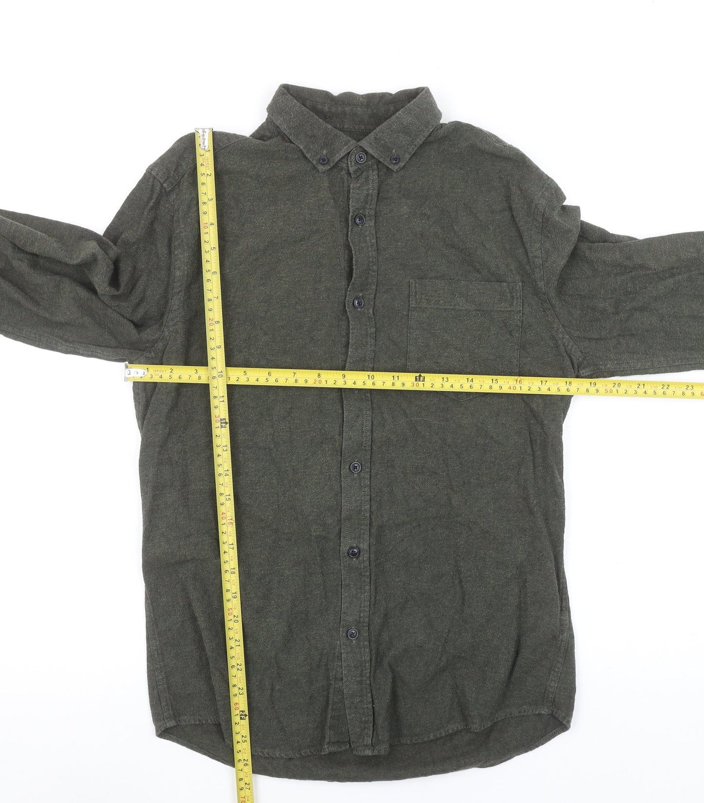 Marks and Spencer Men's Green Cotton Flannel Button-Up Shirt S 35-37"