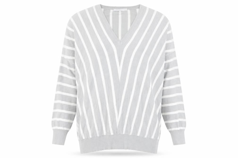 Pebble Bay Womens Grey Striped V-Neck Relaxed Fit Jumper Size 14