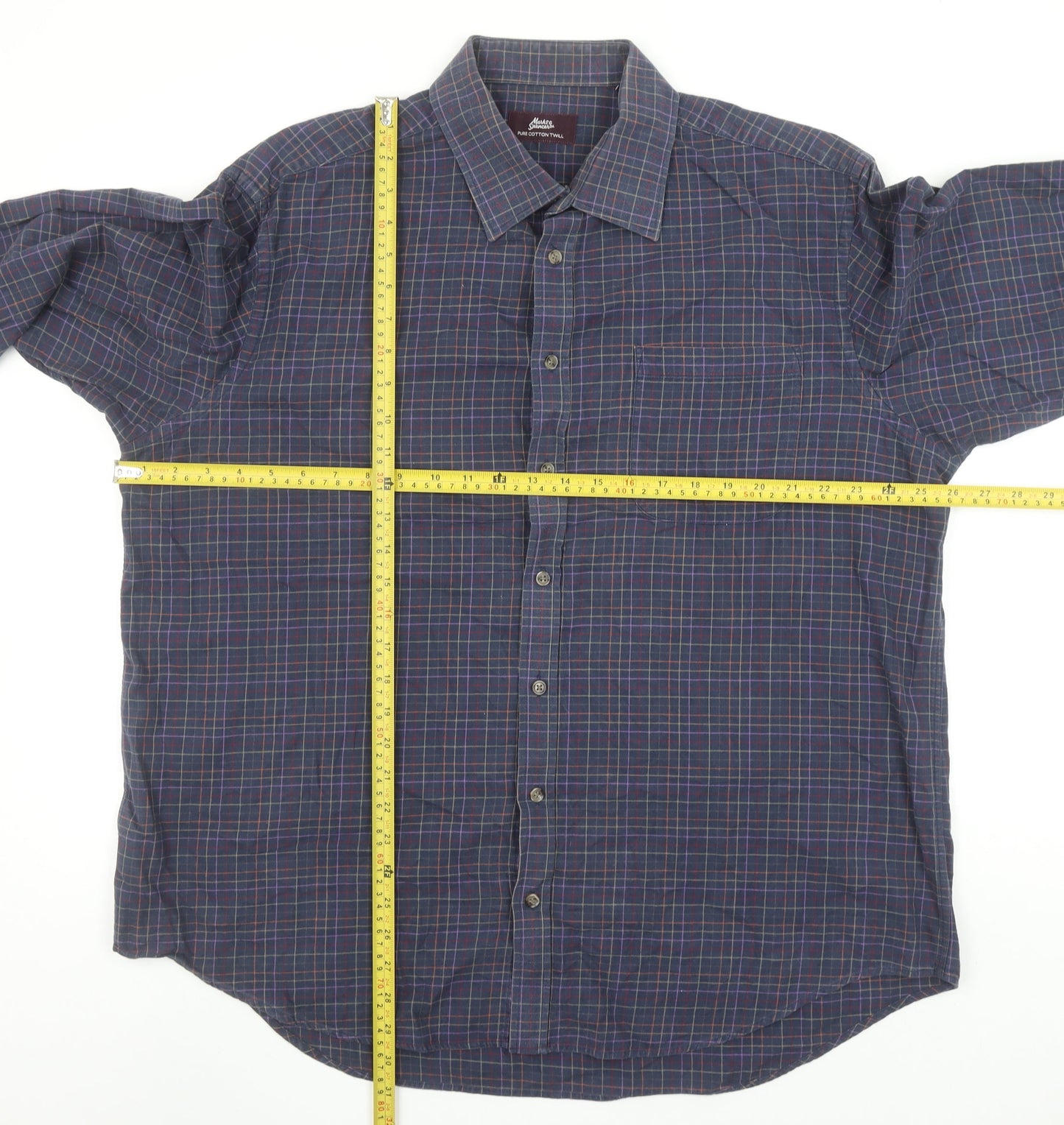 Marks and Spencer Men’s Blue Check Pure Cotton Twill Shirt Size 18